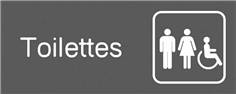 Plaquette gravée avec texte et picto Toilettes hommes femmes handicapés - H 80 x L 200 mm - Gamme Couleur