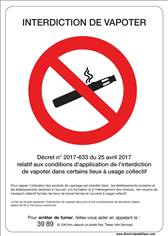 Affiche interdiction de vapoter conforme à la loi 2016-41 du 26 janvier 2016